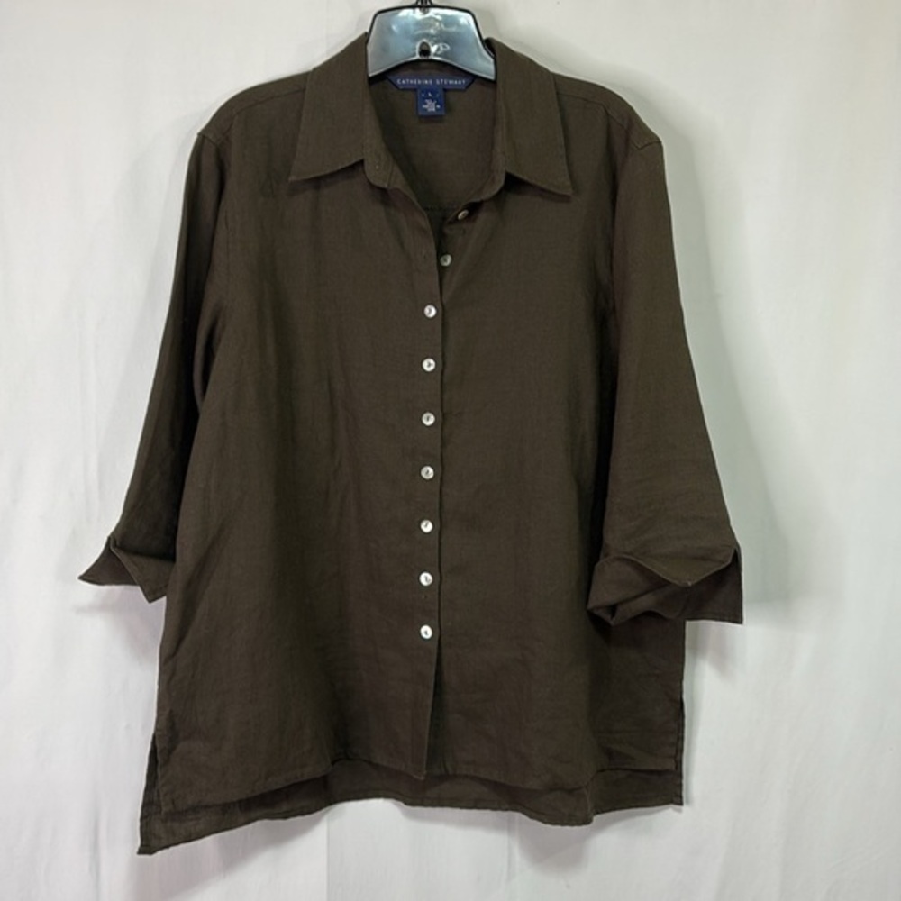 🥥 Catherine Stewart, brown linen three-quarter length sleeve  blouse